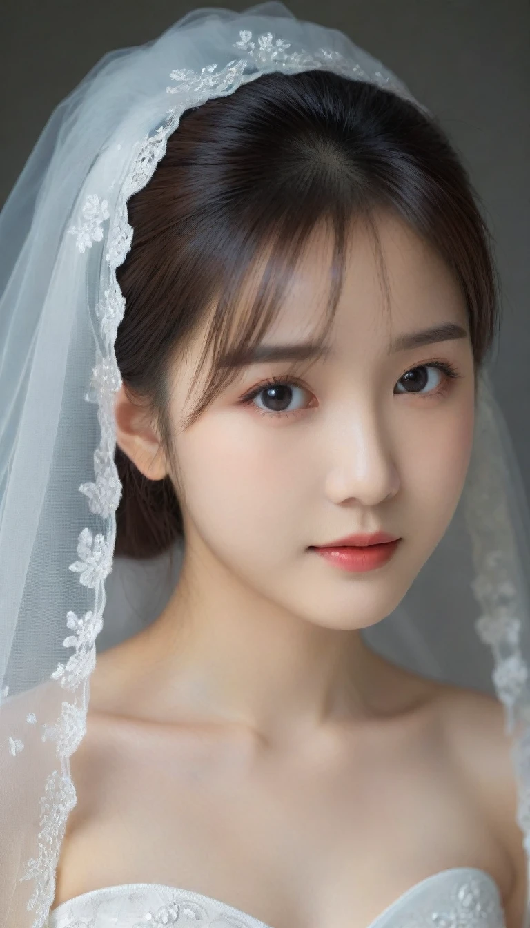 8k, Ultra-high resolution, Highest quality, masterpiece, 三分割法によるphotograph,Surreal, photograph, 1 Girl, (16 years old:1.3), pretty girl, Cute Face, Beautiful eyes in every detail, 細かくdetailedに,masterpiece,One Girl:1.2,Japan Female Teachers,extream close up,sad,light smile,Black short hair,Bob with bangs,(印象派の美しい少女のPortraiture),(Impressionist light and colour), (Gray background:1.3),(White Wedding Dress:1.3),(Fairy, bride, Shiny Hair, Beautiful dark eyes, So cute and beautiful,16 years old, ), (smile:0.8),Sharp contours,Looking down, (Wedding Veil,White lace), Light from above, (Side view),, Perfect and beautiful face ,完璧でCute Face, Skin with attention to detail, Perfect limbs、Narrow waist,Looking at the audience,(((Ideal body type))),A cup small breasts :2,Portraiture:2,Perfect Anatomy,鮮明なdetailed,detailed,Surreal,Light and shadow,glowing