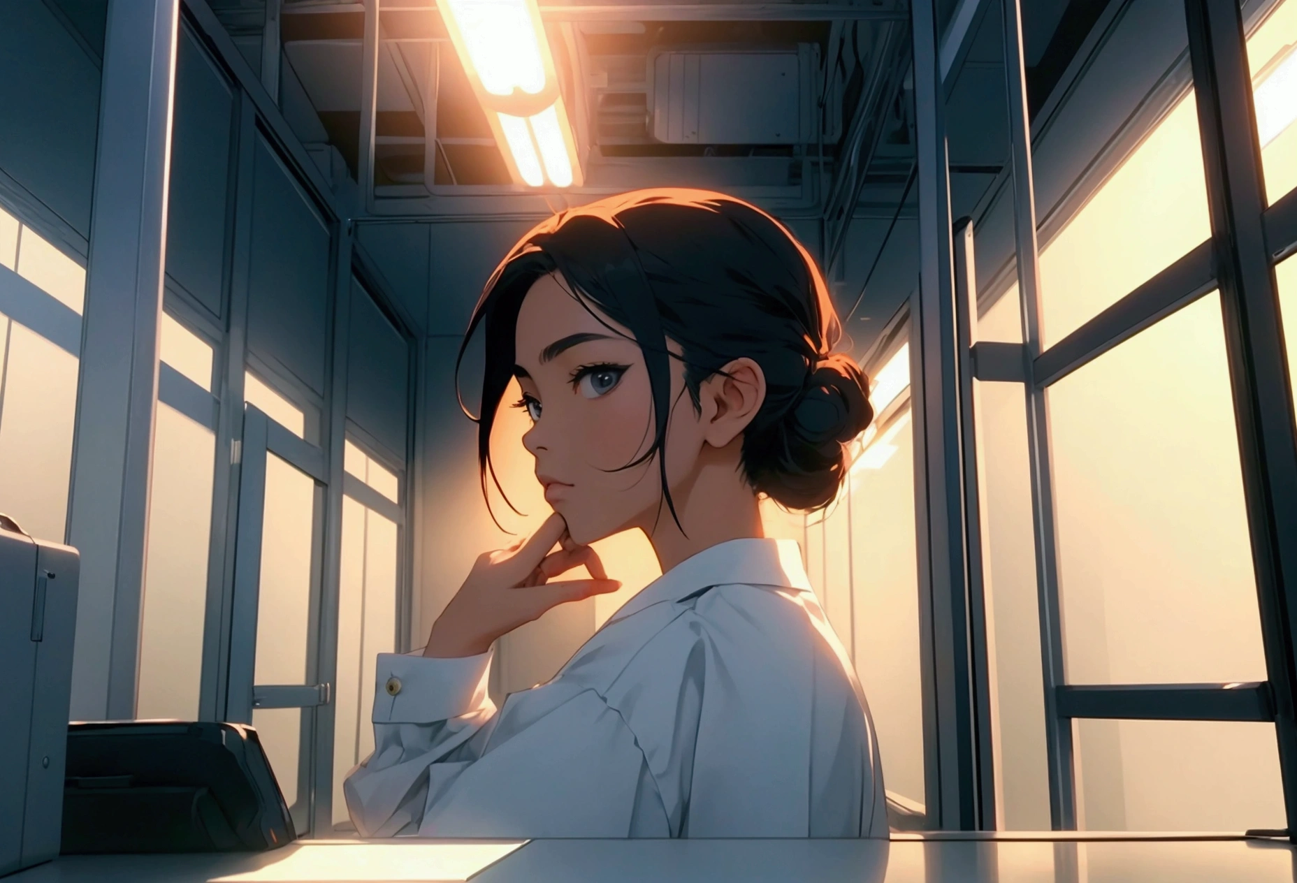 (SFW), masterpiece, best quality, anime art style, office worker imprisoned in cubicle cage