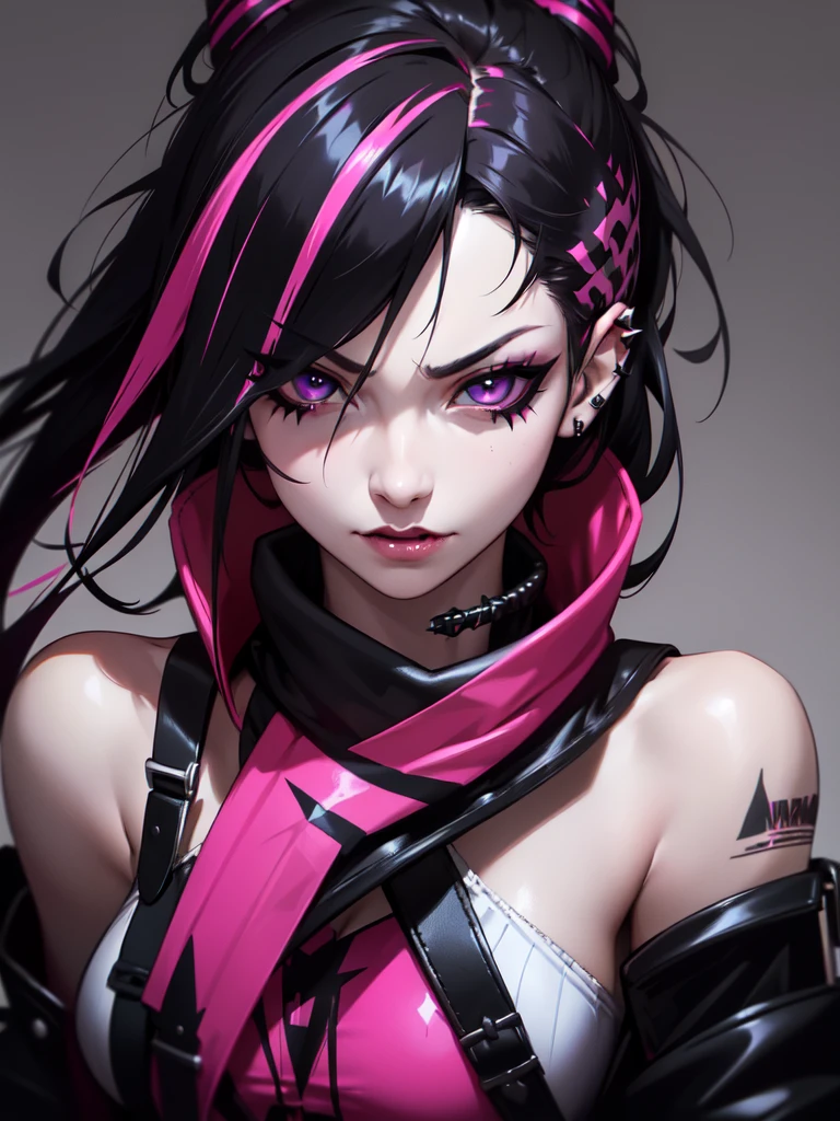 (((Portrait Photo))), She has the Appearance of Bold and Edgy Punked Girl, with a Slim, Fashionable Build that Radiates Confidence. Her Long, Straight Black Hair is Accentuated by Vibrant Pink Streaks, Adding a Striking and Rebellious Flair to Her Look. Her Dark Eyes are Intense and Expressive, Filled with a Sense of Mischief and Determination, Giving Her a Fierce and Charismatic Aura. Her Expression is Playful and Defiant, with a Confident Smirk that Conveys a Sense of Boldness and Independence. (((High Quality, Dark Background))), (((Portrait Photo))), (((Punk-Inspired Attire))), (((Streaked Hair)))