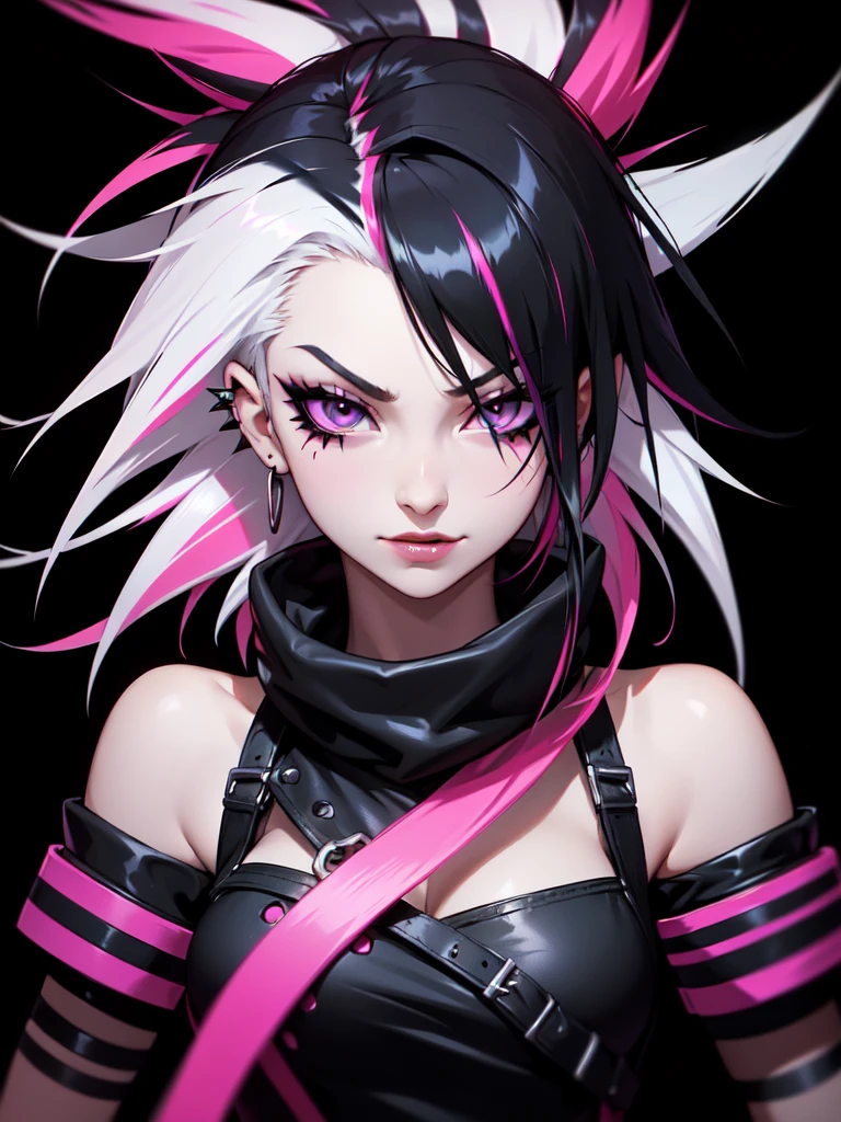 (((Portrait Photo))), She has the Appearance of Bold and Edgy Punked Girl, with a Slim, Fashionable Build that Radiates Confidence. Her Long, Straight Black Hair is Accentuated by Vibrant Pink Streaks, Adding a Striking and Rebellious Flair to Her Look. Her Dark Eyes are Intense and Expressive, Filled with a Sense of Mischief and Determination, Giving Her a Fierce and Charismatic Aura. Her Expression is Playful and Defiant, with a Confident Smirk that Conveys a Sense of Boldness and Independence. (((High Quality, Dark Background))), (((Portrait Photo))), (((Punk-Inspired Attire))), (((Streaked Hair)))