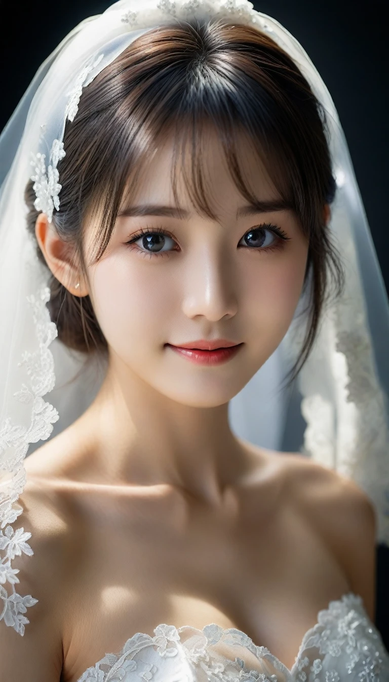 8k, Ultra-high resolution, Highest quality, masterpiece, 三分割法によるphotograph,Surreal, photograph, 1 Girl, (:1.3), pretty girl, Cute Face, Beautiful eyes in every detail, 細かくdetailedに,masterpiece,One Girl:1.2,Japan Female Teachers,extream close up,sad,light smile,Black short hair,Bob with bangs,(印象派の美しい少女のPortraiture),(Impressionist light and colour), (Gray background:1.3),(White Wedding Dress:1.3),(Fairy, bride, Shiny Hair, Beautiful dark eyes, So cute and beautiful,16 years old0.8),Sharp contours,Looking down, (Wedding Veil,White lace), Light from above, (Side view),, Perfect and beautiful face ,完璧でCute Face, Skin with attention to detail, Perfect limbs、Narrow waist,Looking at the audience,(((Ideal body type))),A cup small breasts :2,Portraiture:2,Perfect Anatomy,鮮明なdetailed,detailed,Surreal,Light and shadow,glowing