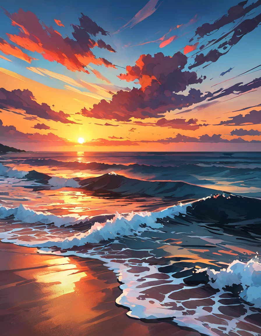 A digital painting of a sunset over the ocean, with rich colors and artistic brush strokes.