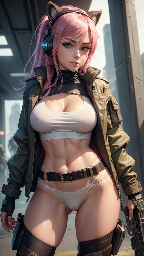 (Beautiful mercenary girl: 1.5), pretty girl, pretty face, y girl, young girl, 20 years old, pink hair, blue eyes, beautiful smile, long hair, straight hair, medium breery thin waist, wide hips, gap between thighs, (she is wearing a white top, short top, tight top), exposed belly, no pants, micro panties, tnties, thong pa(cameltoe: 1.2)ary jacket, open jacket, wearing a headset with kitten ears, belt with multiple pockets, combat belt, leg holster, tactical gloves, front view, (cowboyshot), futuristic, cyberpunk setting, dystopia, best quality, masterpiece, ultra-realistic, ultra-detailed, 8k