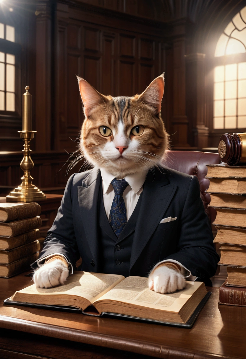 1cat, Lawyer, a lawyer cat in court, highly detailed, studio lighting, ultra-detailed, extremely intricate, cinematic light, dramatic lighting, elegant, sophisticated, expressive eyes, exquisite facial features, tailored suit, courtroom background, wooden desk, books, documents, professional, award-winning art, masterpiece, best quality, very aesthetic, absurdres