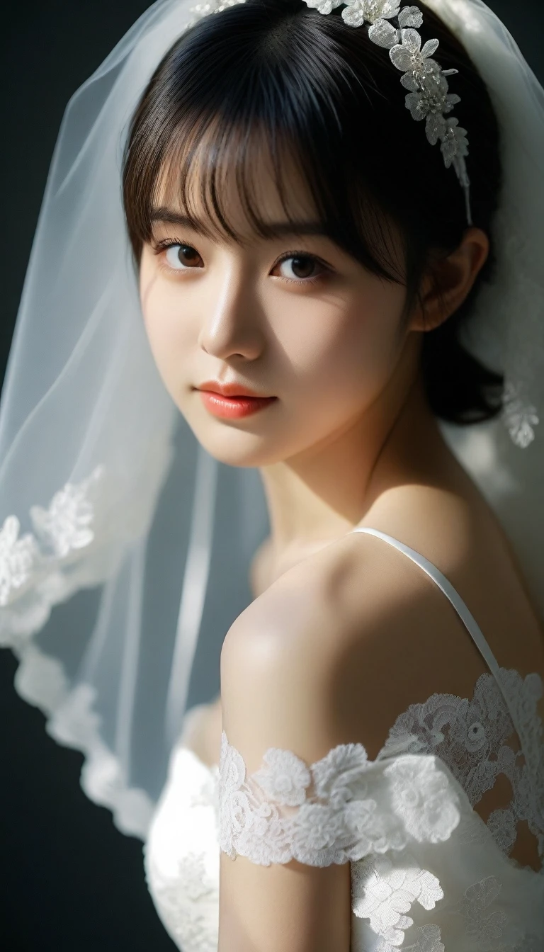 8k, Ultra-high resolution, Highest quality, masterpiece, 三分割法によるphotograph,Surreal, photograph, 1 Girl, (16 years old:1.3), pretty girl, Cute Face, Beautiful eyes in every detail, 細かくdetailedに,masterpiece,One Girl:1.2,Japan Female Teachers,extream close up,sad,light smile,Black short hair,Bob with bangs,(印象派の美しい少女のPortraiture),(Impressionist light and colour), (Gray background:1.3),(White Wedding Dress:1.3),(Fairy, bride, Shiny Hair, Beautiful dark eyes, So cute and beautiful,16 years old, ), (smile:0.8),Sharp contours,Looking down, (Wedding Veil,White lace), Light from above, (Side view),, Perfect and beautiful face ,完璧でCute Face, Skin with attention to detail, Perfect limbs、Narrow waist,Looking at the audience,(((Ideal body type))),A cup small breasts :2,Portraiture:2,Perfect Anatomy,鮮明なdetailed,detailed,Surreal,Light and shadow,glowing