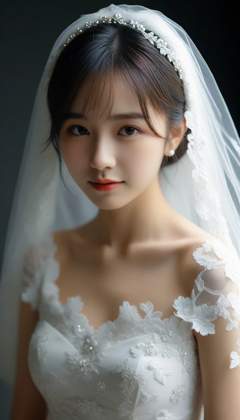8k, Ultra-high resolution, Highest quality, masterpiece, 三分割法によるphotograph,Surreal, photograph, 1 Girl, (16 years old:1.3), pretty girl, Cute Face, Beautiful eyes in every detail, 細かくdetailedに,masterpiece,One Girl:1.2,Japan Female Teachers,extream close up,sad,light smile,Black short hair,Bob with bangs,(印象派の美しい少女のPortraiture),(Impressionist light and colour), (Gray background:1.3),(White Wedding Dress:1.3),(Fairy, bride, Shiny Hair, Beautiful dark eyes, So cute and beautiful,16 years old, ), (smile:0.8),Sharp contours,Looking down, (Wedding Veil,White lace), Light from above, (Side view),, Perfect and beautiful face ,完璧でCute Face, Skin with attention to detail, Perfect limbs、Narrow waist,Looking at the audience,(((Ideal body type))),A cup small breasts :2,Portraiture:2,Perfect Anatomy,鮮明なdetailed,detailed,Surreal,Light and shadow,glowing