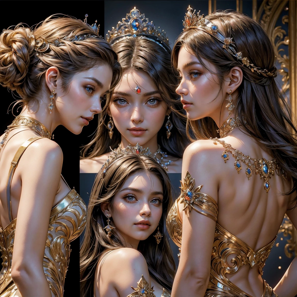 (masterpiece, best quality:1.5), ultra detailed, high resolution, 16k, the most beautiful face in the world, perfect face, delicate facial features, highly detailed beautiful face and eyes, shiny skin, highly detailed background, elaborately designed clothes, fine cloth texture, BREAK, the incarnation of beauty, goddess of beauty, incredibly beautiful close-up macro photos of gorgeous and stunning face, highest princess in gorgeous and luxurious jewelry, hair accessory, perfect make-up, deeply in love, best smile, full of elegance, variety dresses, (three view drawing, front and back and side, character sheet:1.3)