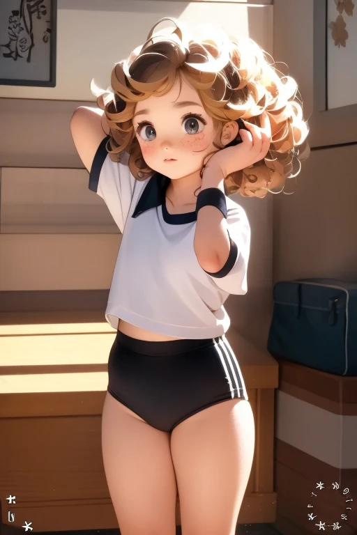 masterpiece，Highest quality，Cute doodles，Hilarious, Honor student, 10 years old，Low length，Curly Hair, Twin tail hair，Vibrant, inquisitive eyes，freckles，Thick eyebrows，Open Fly，Jojo Fashion、Black gym bloomers, High Leg、School Shirt,　Jewel-like eyes、whole body、Blonde long hair、(Black gym bloomers)+(White blouse with collar)、Cowboy Shot 