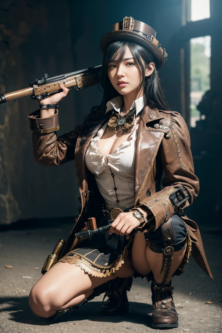 (((steampunk))), (((a body with a large gear attached))), anime girl with rifle shooting at a rock wall, the bottom shows a soldier aiming his gun in the air, 1girl, a body with a large gear attached, weapon, solo, gun, one knee, long hair, skirt, rifle, gloves, sniper rifle, black hair, holding weapon, black skirt, shell casing, shoes, holding, (((masterpiece))), ((best quality)), (ultra-detailed), ((extremely detailed cg)), ((an extremely delicate)), (perfect lighting), (((8k))), (dynamic angle), ak-47, akm, kalashnikov_rifle, assault_rifle, holding_gun, 