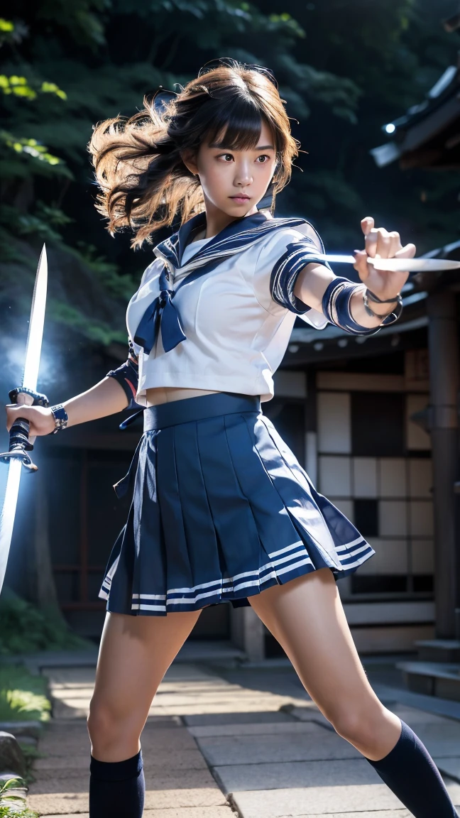 (Ultra HD, Highest quality, High resolution, Hyperrealistic, super beautiful), 24000dpi, Beautiful woman, Long Tail, Well-formed eyes, Eyesight max, 18-year-old, Alluring, Completely American, perfect body, Physical Beauty, ((Japanese blue sailor uniform, Navy blue mini skirt, serafuku)), (((2 foot knife, He is carrying an electric Japanese sword., Two-Way))), Blue Lightning, Charge Move, Special move stance, All in one, Dance, whole body