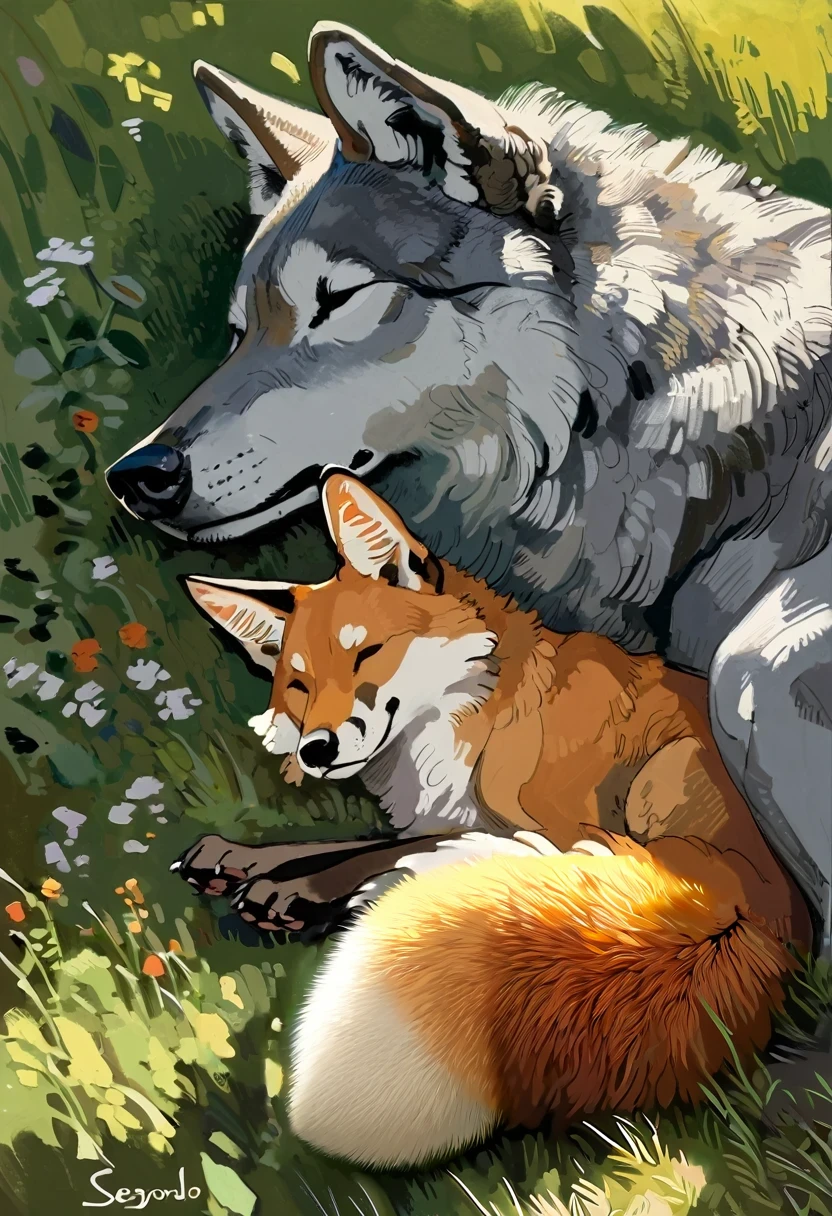 a couple of foxes and a lion, a fox and a lion sleeping, beautiful detailed eyes, beautiful detailed lips, extremely detailed eyes and face, long eyelashes, photorealistic, 8k, masterpiece, ultra-detailed, realistic, physically-based rendering, professional, vivid colors, natural lighting, wildlife, landscape, fantasy