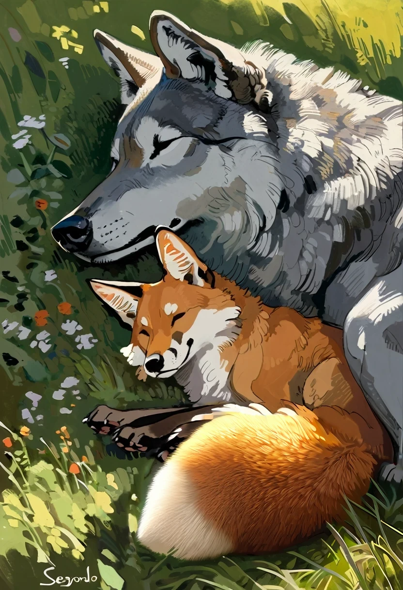 a couple of foxes and a lion, a fox and a lion sleeping, beautiful detailed eyes, beautiful detailed lips, extremely detailed eyes and face, long eyelashes, photorealistic, 8k, masterpiece, ultra-detailed, realistic, physically-based rendering, professional, vivid colors, natural lighting, wildlife, landscape, fantasy