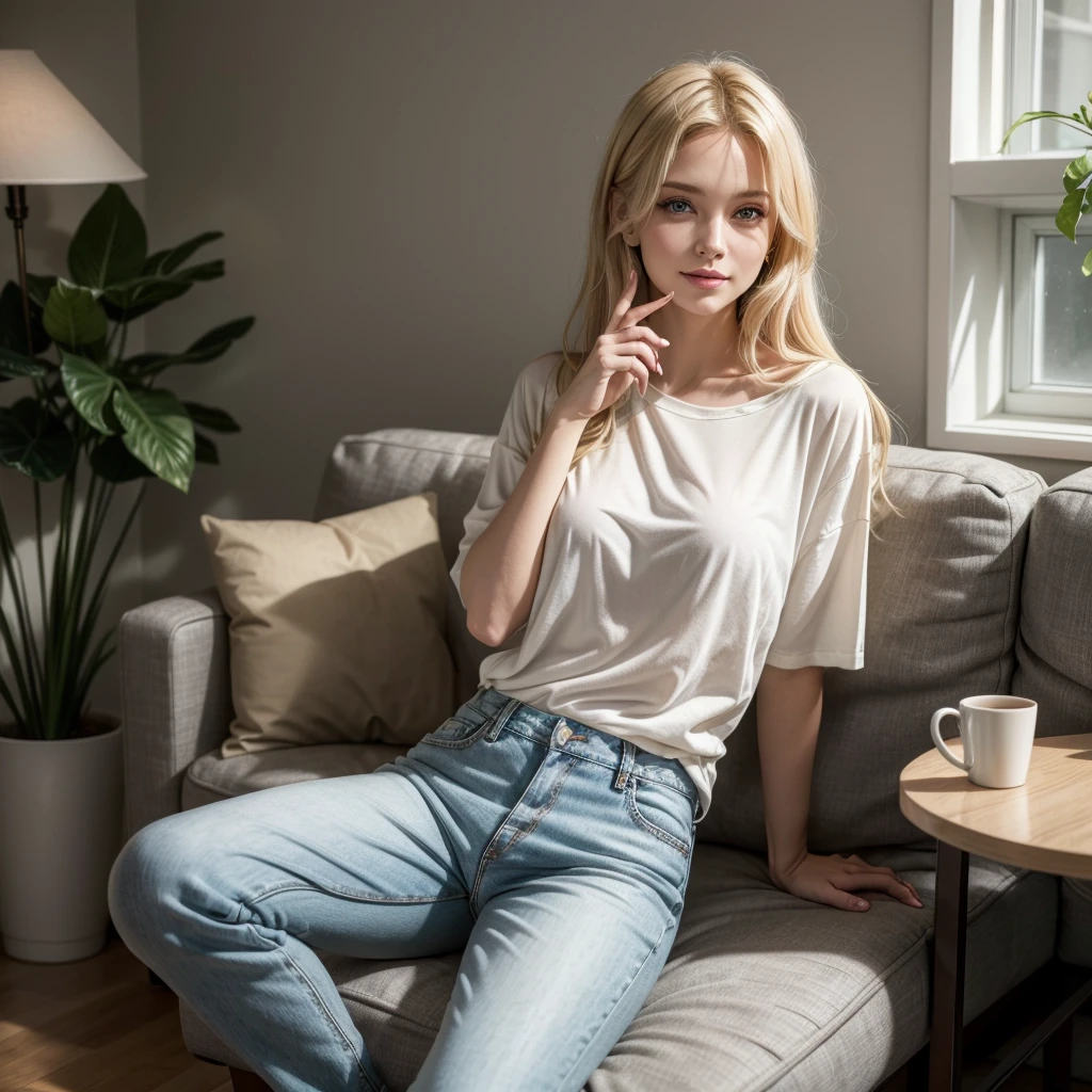 The scene shows a blonde woman similar to Elainne Ourives, holding money, in a relaxed and casual atmosphere.
blonder woman:
Appearance: The woman has blonde hair that falls in soft waves over her shoulders.. His face expresses a mixture of satisfaction and contentment, with a warm smile and bright eyes.
badass clothing: She's wearing casual, comfortable clothes, which may include a light blouse or t-shirt paired with comfortable jeans or pants. The clothing is simple, but stylish, reflecting an air of relaxation and well-being.
money:
aspect: She is holding some money bills in one hand, with a gesture that can be both display and conquest. Notes are visible and well defined, reflecting light and adding a touch of richness to the scene.
enviroment:
Location: The background could be a modern, informal living room, with a comfortable sofa, a coffee table and decorative elements that create a cozy and homely atmosphere. The lighting is soft and natural, contributing to a relaxed atmosphere.
Decoration: The surrounding environment is simple and elegant, with furniture and accessories that reflect a casual and sophisticated style. There may be details such as potted plants, paintings on the walls and soft lighting that creates a feeling of comfort and tranquility.