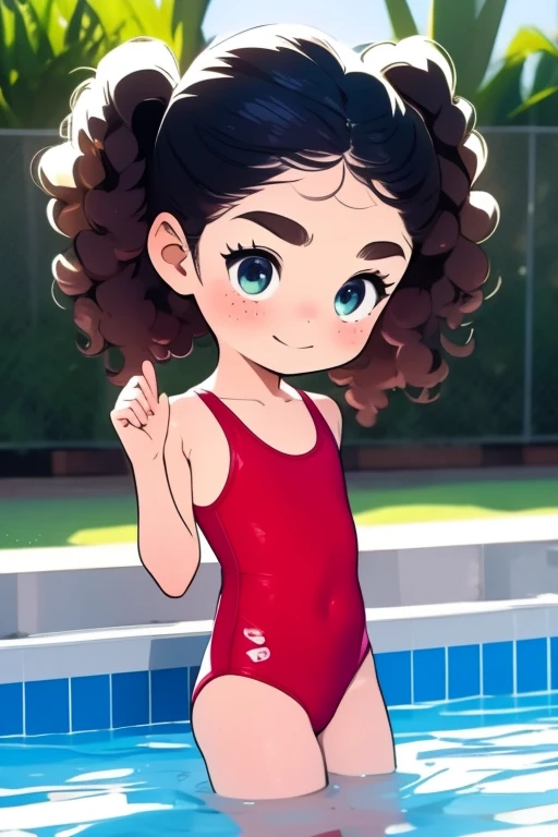 masterpiece，Highest quality，Cute doodles，Hilarious, Honor student, 10 years old，Low length，Curly Hair, Twin tail hair，Vibrant, inquisitive eyes，freckles，Thick eyebrows，Open Fly，Swim in a simple pool in your garden，Jojo Fashion，Wearing a black high-cut swimsuit、Cowboy Shot