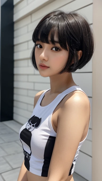 a close-up of a woman with , ela tem cabelo preto with bangs, Hime black haircut, ulzzang, korean, with short hair with bangs, with short hair, dilraba dilmurat, garota korean cruel, hairstyle with bangs style, with bangs, korean symmetrical,,,,,,,,,,,,,, clear light , highy detailed, cinematic, weirdcore, surreal, abstrato,wearing a sexy bodycon t-shirt