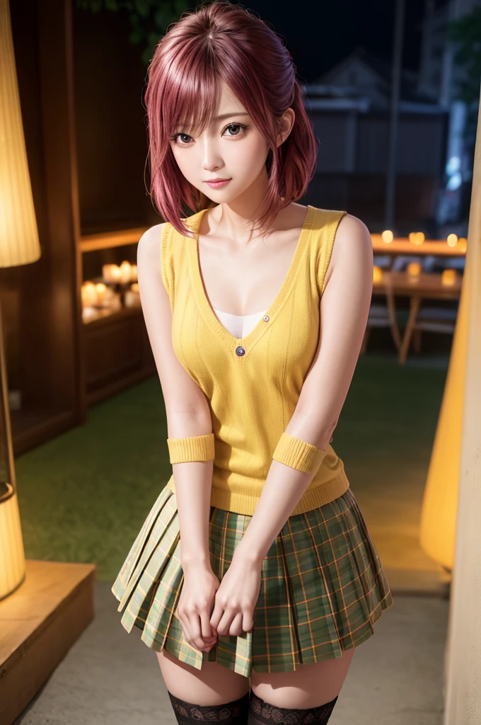 ph momo, momohd, phmomo, solo, 1girl, pink hair, purple eyes, short hair, hair flower, sweater vest, ,(yellow sweater:1.2), big eyes, plaid skirt, black thighhighs, (masterpiece:1.6, best quality), (finely detailed beautiful eyes: 1.2), ultra-detailed, illustration,beautiful detailed eyes, (yandere:1.4), (empty eyes), backlighting, looking at viewer, blush, smile, (masterpiece, finely detailed beautiful eyes: 1.2), detailed eyes, hyper detailed,light smile, highly detailed, beautiful, small details, ultra detailed, best quality, intricate, hyperrealism, sharp, digital illustration, detailed, realism, intricate, 4k, 8k, trending on artstation, good anatomy, beautiful lighting, award-winning, photorealistic, realistic shadows, realistic lighting, beautiful lighting, raytracing, intricate details, moody, rule of thirds, masterpiece, (illustration:1.1), highres, (extremely detailed CG, unity, 8k wallpaper:1.1), beautiful face, highly detailed face, ultra realistic, masterpiece, bokeh, extremely detailed, intricate, zoomout, colorful, vibrant colors, red nail polish, side view,standing,whole body,green skirt, plaid, plaid skirt, sainan high , , skirt, sweater vest,
