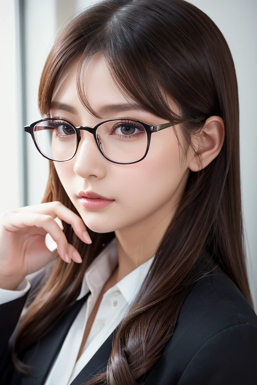 masterpiece、Highest quality、8k、Attractive beautiful large almond-shaped eyes、Big black eyes、Long eyelashes、美しい桜colorの唇、A high, well-defined nose、color々Hairstyle、美しく輝くcolor々な髪color、((Realistic:1.3))、Cinematic lighting、Challenging eyes、Bold composition、Detailed face on the market、Detailed、Golden Ratio Face、Ultra-high resolution、Beautifully detailed and realistic white skin、Fox-shaped glasses、紺colorスーツの美少女、Push up the rim of your glasses with your fingers、Intellectual、Office Lady、short hair
