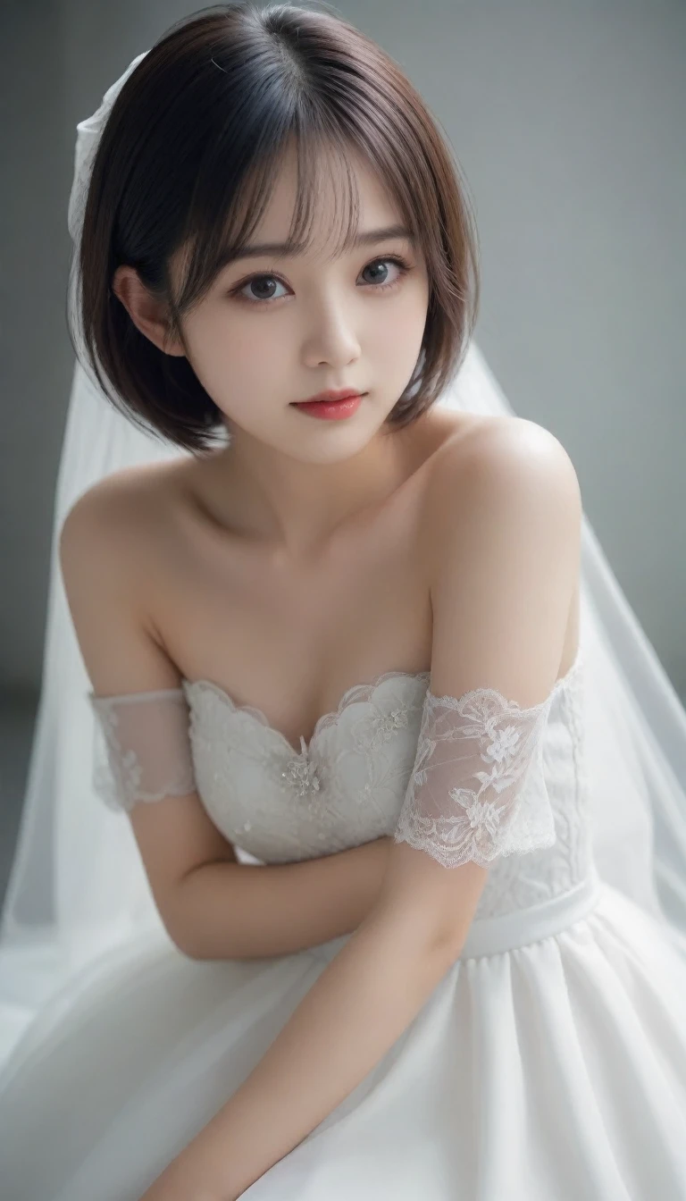 8k, Ultra-high resolution, Highest quality, masterpiece, 三分割法によるphotograph,Surreal, photograph, 1 Girl, (:1.3), pretty girl, Cute Face, Beautiful eyes in every detail, 細かくdetailedに,masterpiece,One Girl:1.2,Japan Female Teachers,extream close up,sad,light smile,Black short hair,Bob with bangs,(印象派の美しい少女のPortraiture),(Impressionist light and colour), (Gray background:1.3),(White Wedding Dress:1.3),(Fairy, bride, Shiny Hair, Beautiful dark eyes, So cute and beautiful,16 years old0.8),Sharp contours,Looking down, (Wedding Veil,White lace), Light from above, (Side view),, Perfect and beautiful face ,完璧でCute Face, Skin with attention to detail, Perfect limbs、Narrow waist,Looking at the audience,(((Ideal body type))),A cup small breasts :2,Portraiture:2,Perfect Anatomy,鮮明なdetailed,detailed,Surreal,Light and shadow,glowing