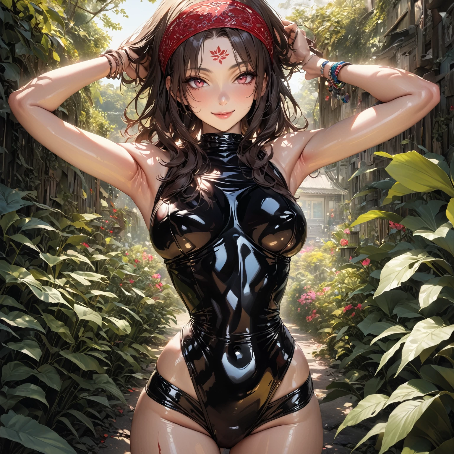 a masterpiece, best quality, 8k, hyper realistic, photo-realistic, sharp focus, absurdist, 1 girl, detailed face of Haruno Sakura, black latex, detailed mark on forehead, red hairband, bracelet, looking directly at viewer, hands behind head, beautiful smile, medium large breasts, standing in a garden, hands behind back, close-up, upper body only, shiny black latex, shiny skin