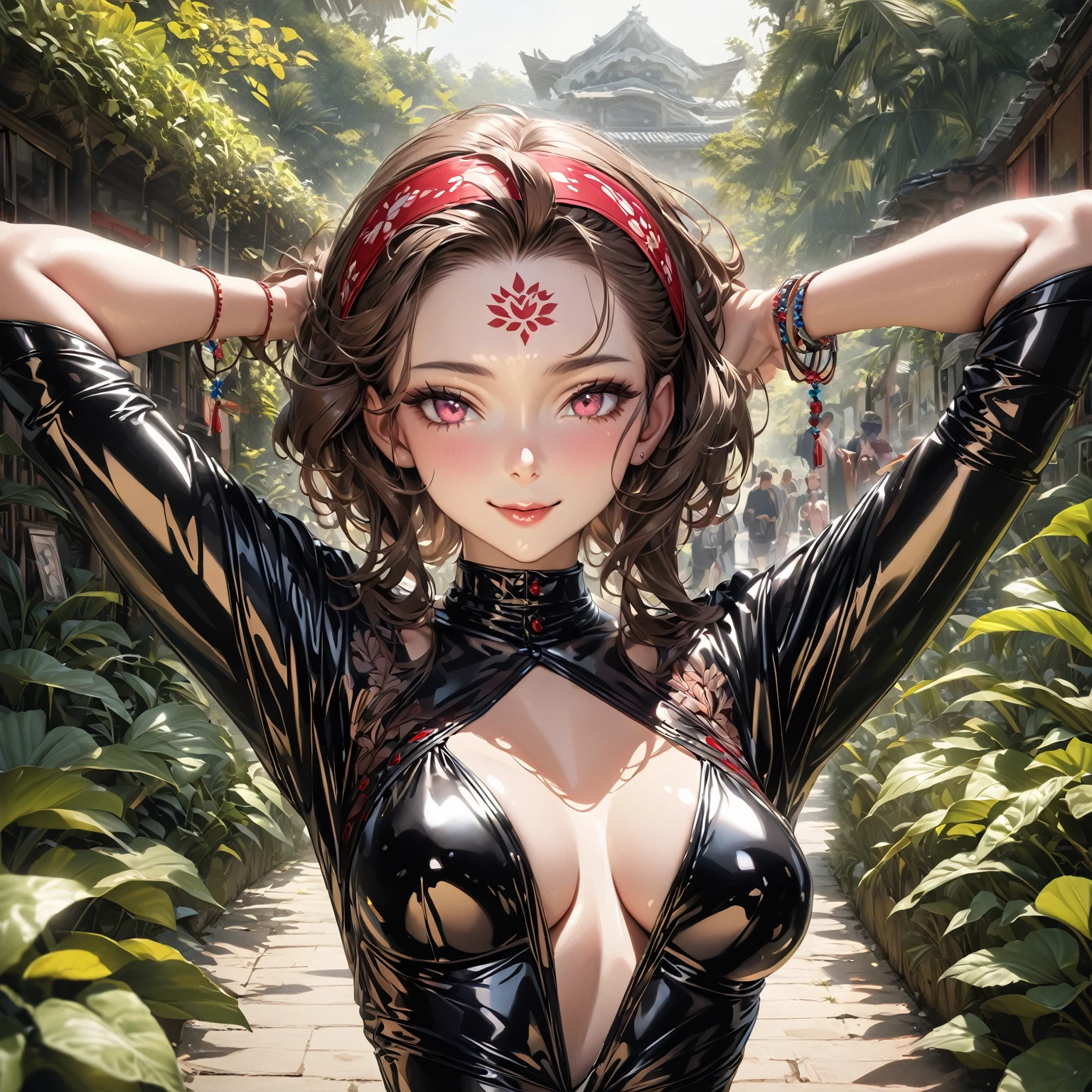 a masterpiece, best quality, 8k, hyper realistic, photo-realistic, sharp focus, absurdist, 1 girl, detailed face of Haruno Sakura, black latex, detailed mark on forehead, red hairband, bracelet, looking directly at viewer, hands behind head, beautiful smile, medium large breasts, standing in a garden, hands behind back, close-up, upper body only, shiny black latex, shiny skin