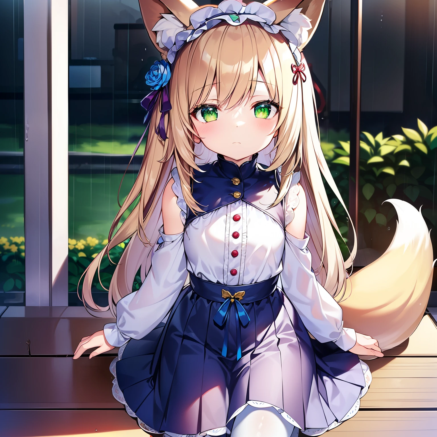 (Extremely detailed, ridiculous, Ultra HD, Extremely detailed, best quality)，Solitary, (A giant, soft fox tail)，A pair of fox ears，Green Eyes，(light brown long hair)，Small flower headdress, (9 years old_Cute Loli)，Heavy rainy days，Waiting at the station，White long-sleeved top_Blue lace skirt，white pantyhose，