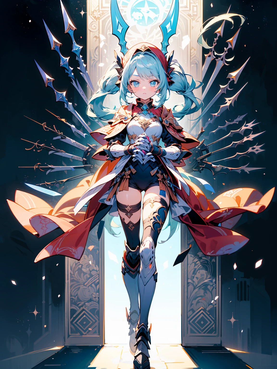 (((masterpiece, best quality, high detailed, 8k))) Design a layout showcase Gaming character, (1girl). Pink+orange clothes, stylish and unique. ((showcase weapon:1.4)), celestial bow. (masterpiece:1.2), (best quality), 4k, ultra-detailed. (Step by step design, layout art:1.5), (luminous lighting, atmospheric lighting). celestial archer, ((glove full hands)), (((revealing clothes:1.3))), vambraces, armored legwear, (((full_body_shot:1.4))). {In a starry sky}.
