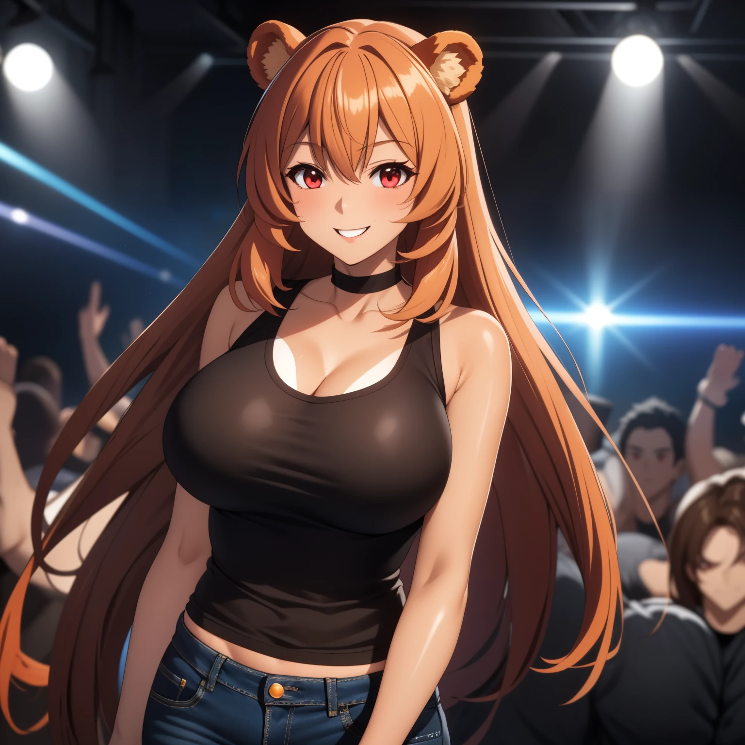 Raphtalia woman 35 years old floating straight orange hair , rounded bear ears, red eyes like ruby, big breasts, Dark skin, tanned skin, low-cut clothing, low cut black top, Tight jeans,  fondo una nightclub. nightclub, smile.