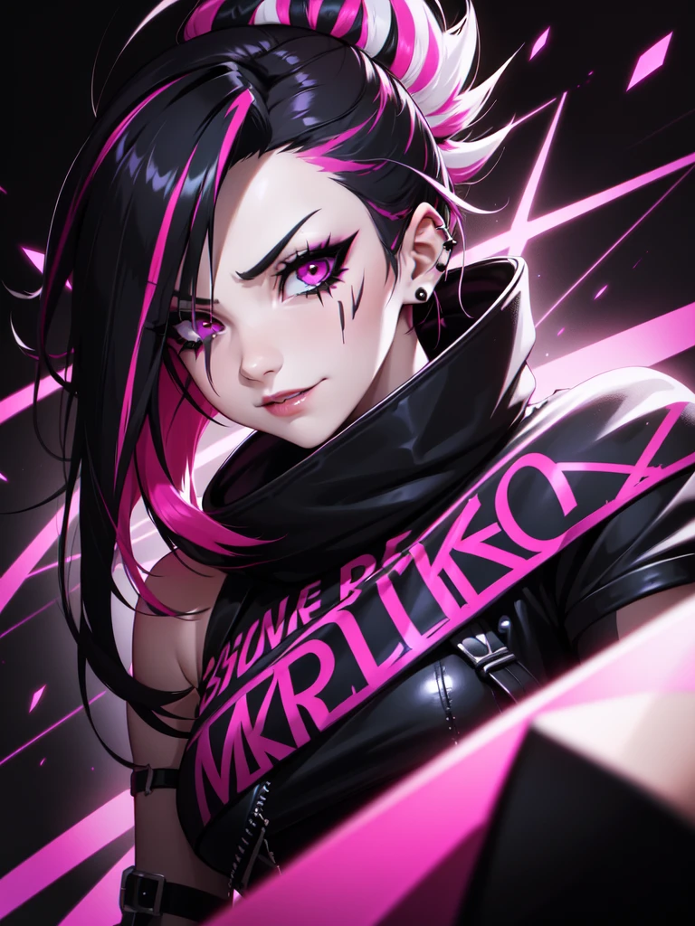 (((Portrait Photo))), She has the Appearance of Bold and Edgy Punked Girl, with a Slim, Fashionable Build that Radiates Confidence. Her Long, Straight Black Hair is Accentuated by Vibrant Pink Streaks, Adding a Striking and Rebellious Flair to Her Look. Her Dark Eyes are Intense and Expressive, Filled with a Sense of Mischief and Determination, Giving Her a Fierce and Charismatic Aura. Her Expression is Playful and Defiant, with a Smug Smile that Conveys a Sense of Boldness and Independence. (((High Quality, Dark Background))), (((Portrait Photo))), (((Punk-Inspired Attire))), (((Streaked Hair)))
