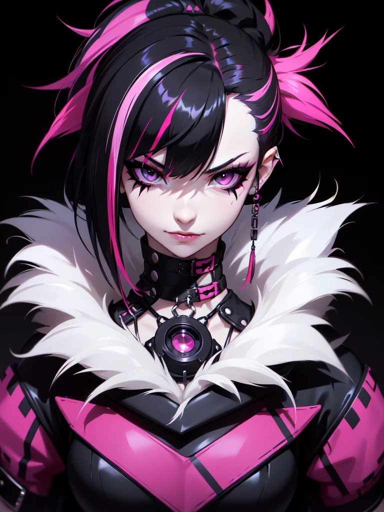 (((Portrait Photo))), She has the Appearance of Bold and Edgy Punked Girl, with a Slim, Fashionable Build that Radiates Confidence. Her Long, Straight Black Hair is Accentuated by Vibrant Pink Streaks, Adding a Striking and Rebellious Flair to Her Look. Her Dark Eyes are Intense and Expressive, Filled with a Sense of Mischief and Determination, Giving Her a Fierce and Charismatic Aura. Her Expression is Playful and Defiant, with a Smug Smile that Conveys a Sense of Boldness and Independence. (((High Quality, Dark Background))), (((Portrait Photo))), (((Punk-Inspired Attire))), (((Streaked Hair)))