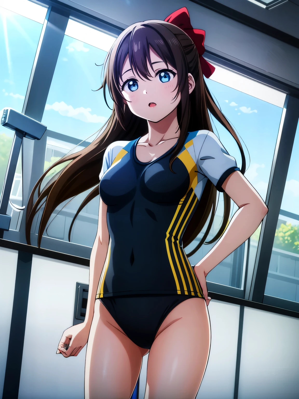 ,Gym suit、Bloomers　,Glare　Glare　Osaka Prefecture, Long Hair, Hair Ribbon, blue eyes, Black Hair, Straight hair, 　Gym suit、Bloomers　Exact number of hands　Exact number of hands　Browsing Caution,(masterpiece, Highest_quality, expensive_solve, expensive_detailed:1.4),(Vibrant colors,Crystal clear image quality:1.4), (One Girl, alone:1.2), detailedな背景, (View your audience, alone focus:1.2), Light on the face, null, blue null, Cowboy Shot,Low Angle,The viewer looks up from below, sunlight, Lens flare, Written boundary depth, scenery, thin　The body is slim　、Spread your legs、、, Expressionless　Looking down,Large Breasts, alone, masterpiece,  (Perfect hands, Perfect Anatomy),