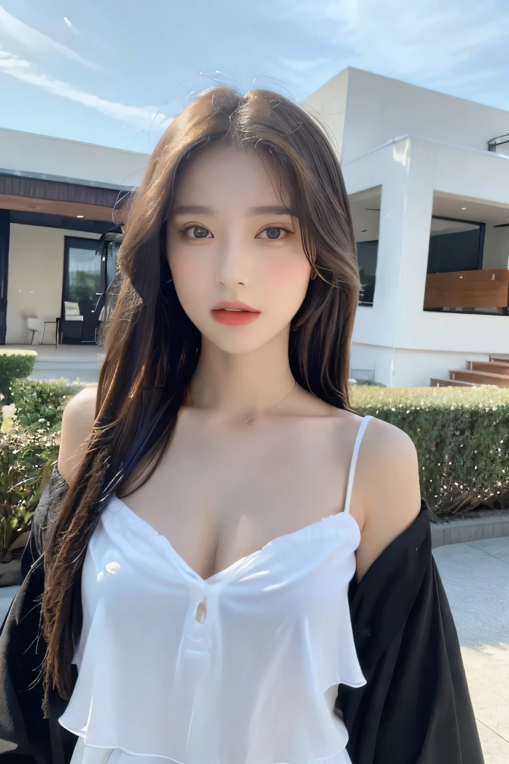 ((best quality, 8K, masterpiece:1.3)), Focus: 1.2, Perfect body beauty: 1.4, fashionable: 1.2, ((Layered Hairstyle, Chest: 1.2)), (Wet clothes: 1.1), (rain, distance:1.3), Bandeau dress: 1.1, Highly detailed face and skin texture, Good eyes, Double eyelids, Skin Whitening, Long hair, (Residence: 1.3), lol, whole body, (whole body), ((whole body)), whole body이 보이는 뷰, whole body, casual shoes,