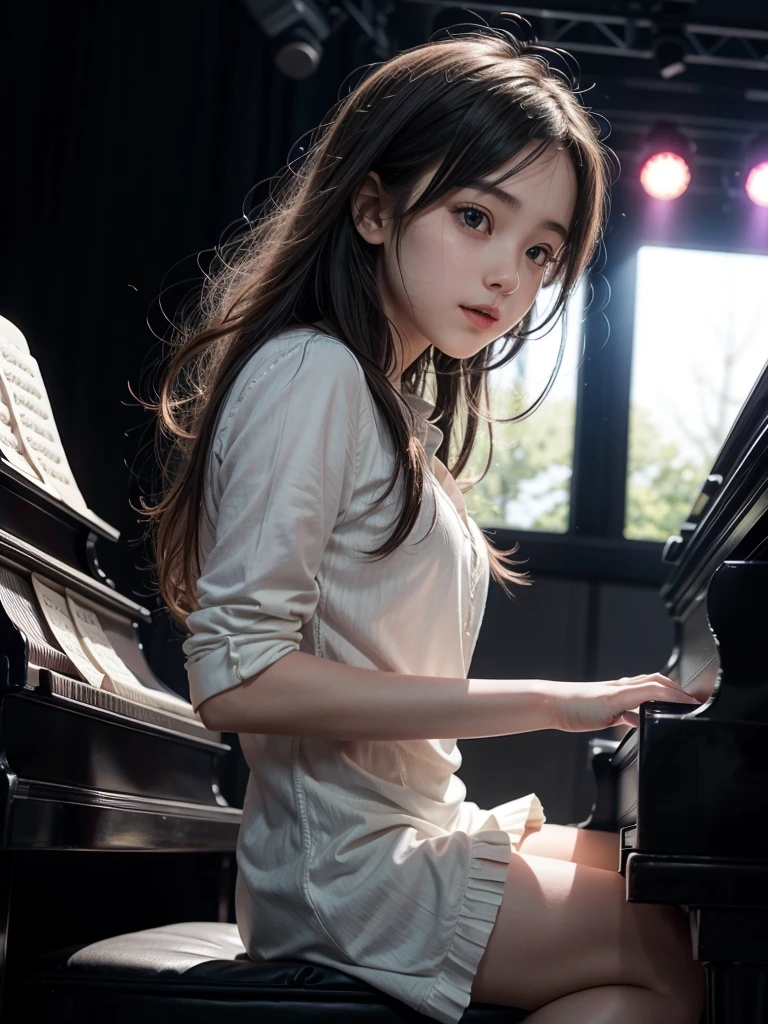 1girl, sitting on a bench, playing the piano, seen from the front, on a stage