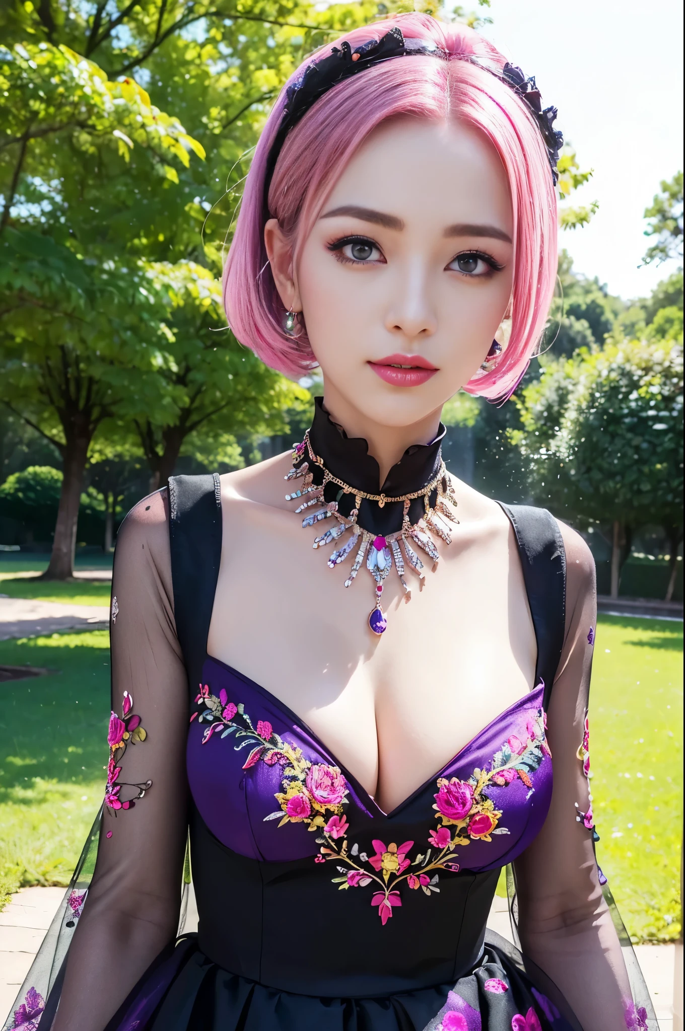 (masterpiece:1.4), (best quality:1.4), ultra high res, ultra high resolution, ((ultra detailed facial features)), HDR, (realistic, photorealistic, photo-realistic:1.37), full body Esbian, sexy Swedish model, (-anime), vivid colors, ((vivid colors multicolor (fuchsia, pink, light blue, purple) very short hair)), (seductive smile), ultra detailed metallic makeup, lip-gloss, long lashes, defined eyebrows, wearing large sparkling colorful jewelery, wearing a red silk Paradise Kiss cosplay dress with black floral embroidery, ((vivid colors outfit)), vivid colors, look at the camera, cinematic light, large park background with trees, sweet and sexy pose