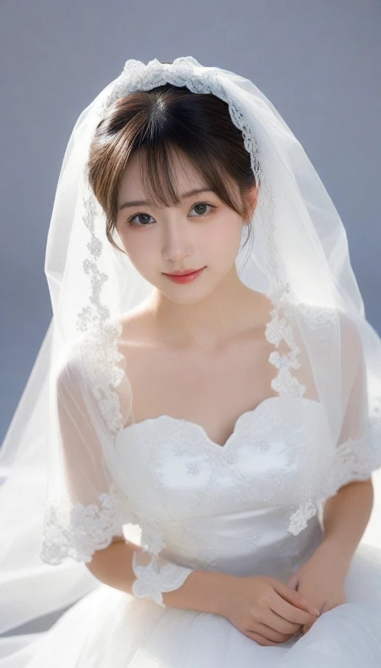 8k, Ultra-high resolution, Highest quality, masterpiece, 三分割法によるphotograph,Surreal, photograph, 1 Girl, (16 years old:1.3), pretty girl, Cute Face, Beautiful eyes in every detail, 細かくdetailedに,masterpiece,One Girl:1.2,Japan Female Teachers,extream close up,sad,light smile,Black short hair,Bob with bangs,(印象派の美しい少女のPortraiture),(Impressionist light and colour), (Gray background:1.3),(White Wedding Dress:1.3),(Fairy, bride, Shiny Hair, Beautiful dark eyes, So cute and beautiful,16 years old, ), (smile:0.8),Sharp contours,Looking down, (Wedding Veil,White lace), Light from above, (Side view),, Perfect and beautiful face ,完璧でCute Face, Skin with attention to detail, Perfect limbs、Narrow waist,Looking at the audience,(((Ideal body type))),A cup small breasts :2,Portraiture:2,Perfect Anatomy,鮮明なdetailed,detailed,Surreal,Light and shadow,glowing