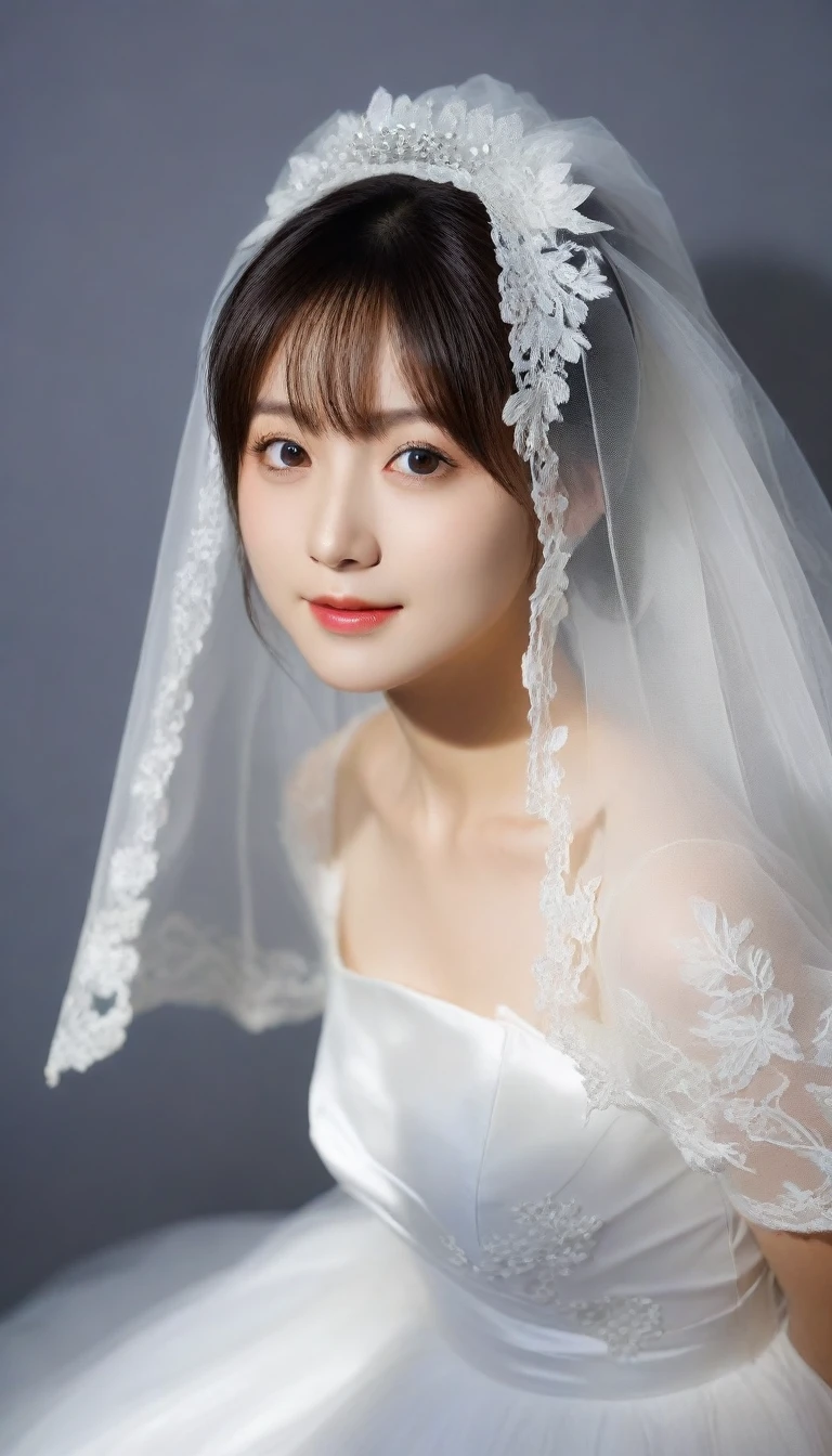 8k, Ultra-high resolution, Highest quality, masterpiece, 三分割法によるphotograph,Surreal, photograph, 1 Girl, (:1.3), pretty girl, Cute Face, Beautiful eyes in every detail, 細かくdetailedに,masterpiece,One Girl:1.2,Japan Female Teachers,extream close up,sad,light smile,Black short hair,Bob with bangs,(印象派の美しい少女のPortraiture),(Impressionist light and colour), (Gray background:1.3),(White Wedding Dress:1.3),(Fairy, bride, Shiny Hair, Beautiful dark eyes, So cute and beautiful,16 years old0.8),Sharp contours,Looking down, (Wedding Veil,White lace), Light from above, (Side view),, Perfect and beautiful face ,完璧でCute Face, Skin with attention to detail, Perfect limbs、Narrow waist,Looking at the audience,(((Ideal body type))),A cup small breasts :2,Portraiture:2,Perfect Anatomy,鮮明なdetailed,detailed,Surreal,Light and shadow,glowing