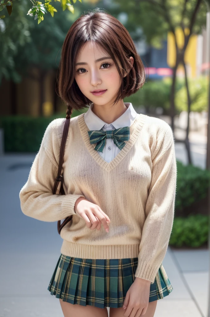 ph momo, momohd, phmomo, solo, 1girl,  pink hair, purple eyes, short hair, hair flower, sweater vest, ,(yellow sweater:1.2), big eyes, plaid skirt, black thighhighs, (masterpiece:1.6, best quality),  (finely detailed beautiful eyes: 1.2), ultra-detailed, illustration,beautiful detailed eyes, (yandere:1.4), (empty eyes),  backlighting, looking at viewer, blush, smile, (masterpiece, finely detailed beautiful eyes: 1.2), detailed eyes, hyper detailed,light smile, highly detailed, beautiful, small details, ultra detailed, best quality, intricate, hyperrealism, sharp, digital illustration, detailed, realism, intricate, 4k, 8k, trending on artstation, good anatomy, beautiful lighting, award-winning, photorealistic, realistic shadows, realistic lighting, beautiful lighting, raytracing, intricate details, moody, rule of thirds, masterpiece, (illustration:1.1), highres, (extremely detailed CG, unity, 8k wallpaper:1.1), beautiful face, highly detailed face, ultra realistic, masterpiece, bokeh, pink hair,extremely detailed, intricate, zoomout, colorful, vibrant colors, red nail polish, side view,standing,whole body,green skirt, plaid, plaid skirt, sainan high , , skirt, sweater vest,