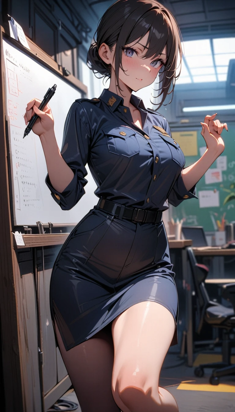 ((best quality)) , ((masterpiece)) , (detailed),1 female,In front of whiteboard,Holding a pen,Policewoman,((whole body))