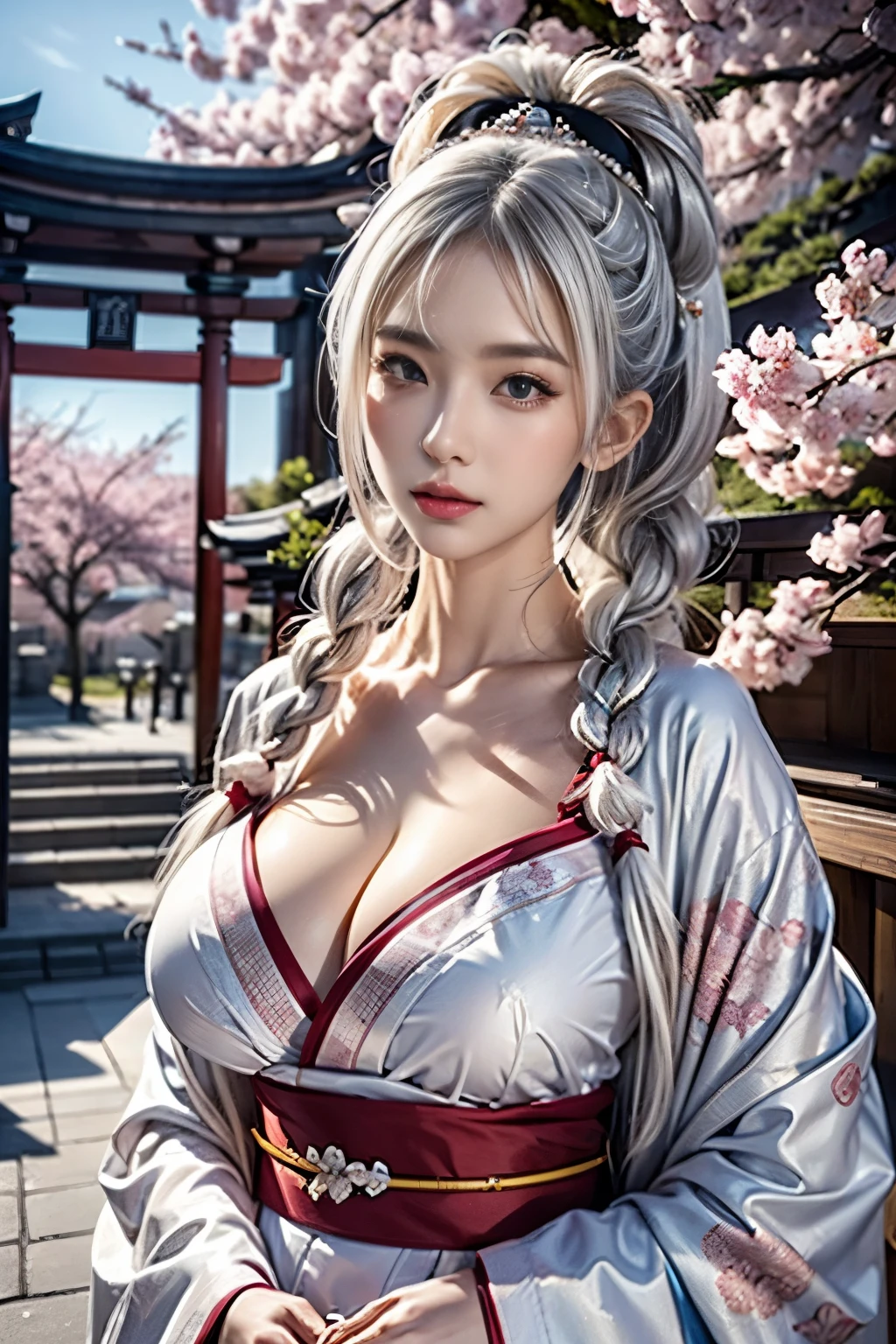 highest quality, Masterpiece,silky platinum white hair, beautiful Eyes, the most beautiful highly detailed layed kimono with sash and ribbons, Looking up from a 45° angle, Prominent massive accentuated super huge enormously gigantic breasts deep cleavage,, ,hair,Fair skin,Side braid, Extra Super Long Hair, Charm, Sensuality, Eyes that seem to draw you in, Eye highlights, Sharp focus on the eyes, cherry blossoms blowing in the wind Shinto shrine