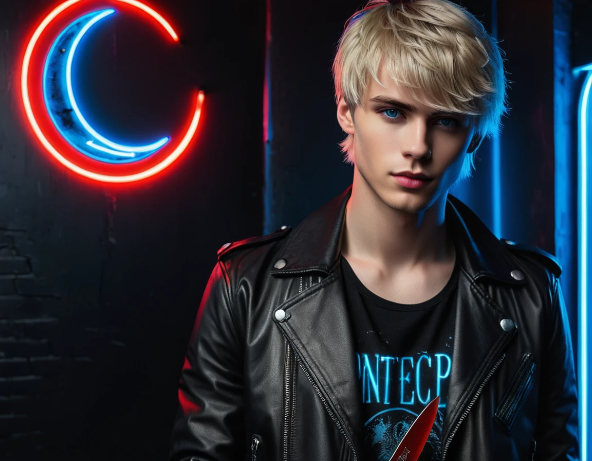 Hyper realistic, full body shot, dark vibes, solo, attractive young guy, male, 22 years, pale skin, blue eyes, (short textured blond hair:1.1), layered bangs, (holding knife:1.1), black leather jacket, black eyeliner, dark lighting, in luxury BDSM room, (smirk:1.1), (visible neon red crescent moon writing sign in background text "CONTEXT" in blue:1.1)