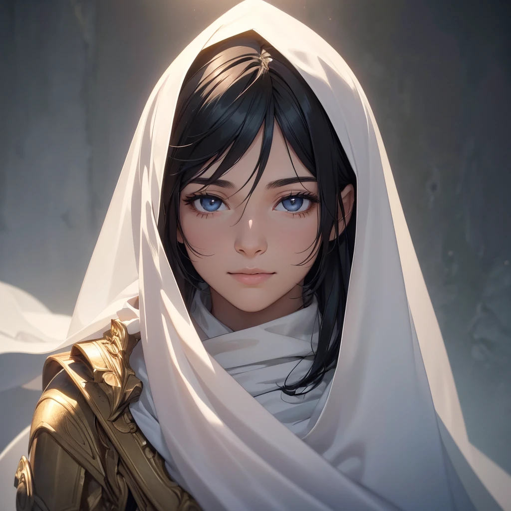 a young man wearing a white cloak, with a gentle expression on his face smiling slightly, with medium-length black hair and black eyes, (best quality,4k,8k,highres,masterpiece:1.2),ultra-detailed,(realistic,photorealistic,photo-realistic:1.37),beautiful detailed eyes,beautiful detailed lips,extremely detailed eyes and face,longeyelashes,serene,peaceful,calm,tranquil,portrait,dramatic lighting,chiaroscuro,cinematic,warm color tones,soft focus