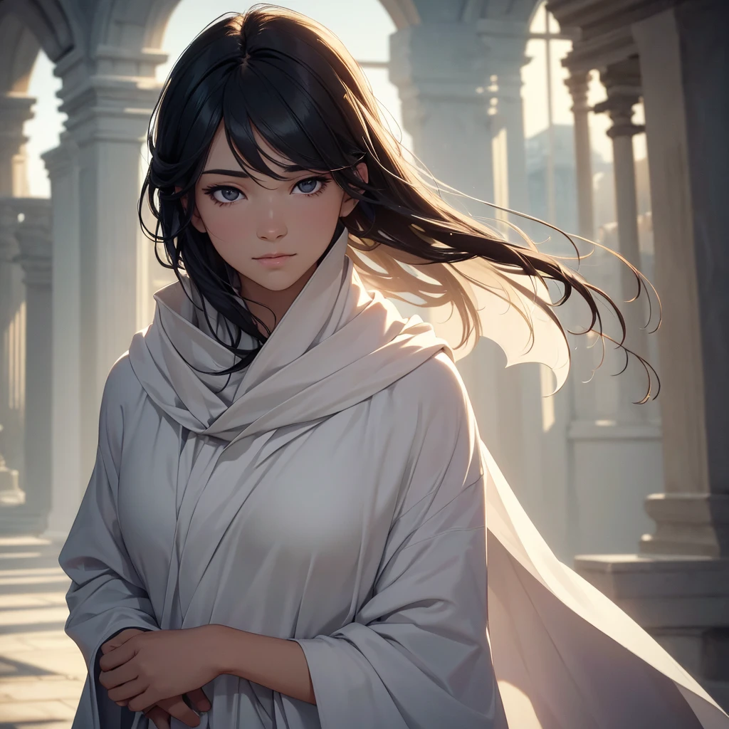 a young man wearing a white cloak, with a gentle expression on his face smiling slightly, with medium-length black hair and black eyes, (best quality,4k,8k,highres,masterpiece:1.2),ultra-detailed,(realistic,photorealistic,photo-realistic:1.37),beautiful detailed eyes,beautiful detailed lips,extremely detailed eyes and face,longeyelashes,serene,peaceful,calm,tranquil,portrait,dramatic lighting,chiaroscuro,cinematic,warm color tones,soft focus