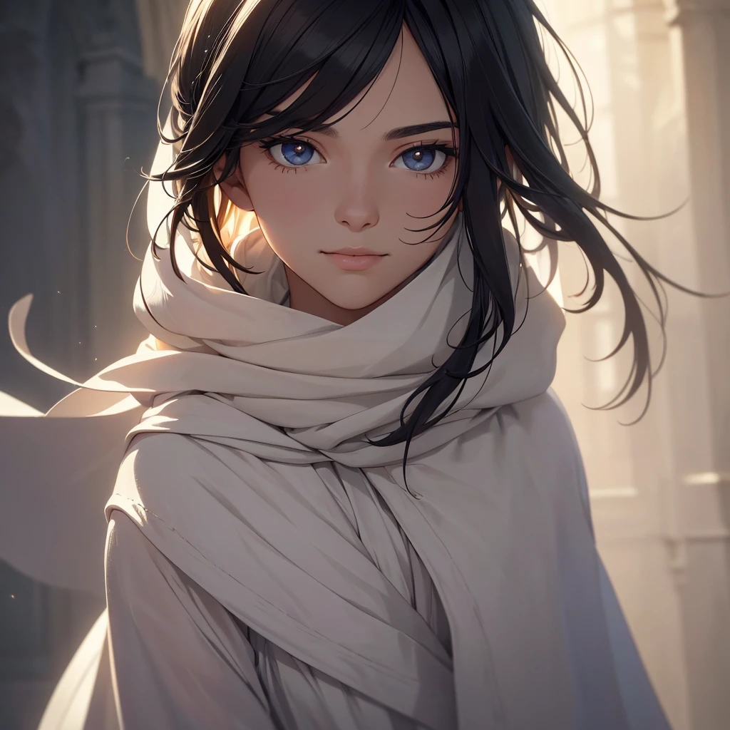 a young man wearing a white cloak, with a gentle expression on his face smiling slightly, with medium-length black hair and black eyes, (best quality,4k,8k,highres,masterpiece:1.2),ultra-detailed,(realistic,photorealistic,photo-realistic:1.37),beautiful detailed eyes,beautiful detailed lips,extremely detailed eyes and face,longeyelashes,serene,peaceful,calm,tranquil,portrait,dramatic lighting,chiaroscuro,cinematic,warm color tones,soft focus