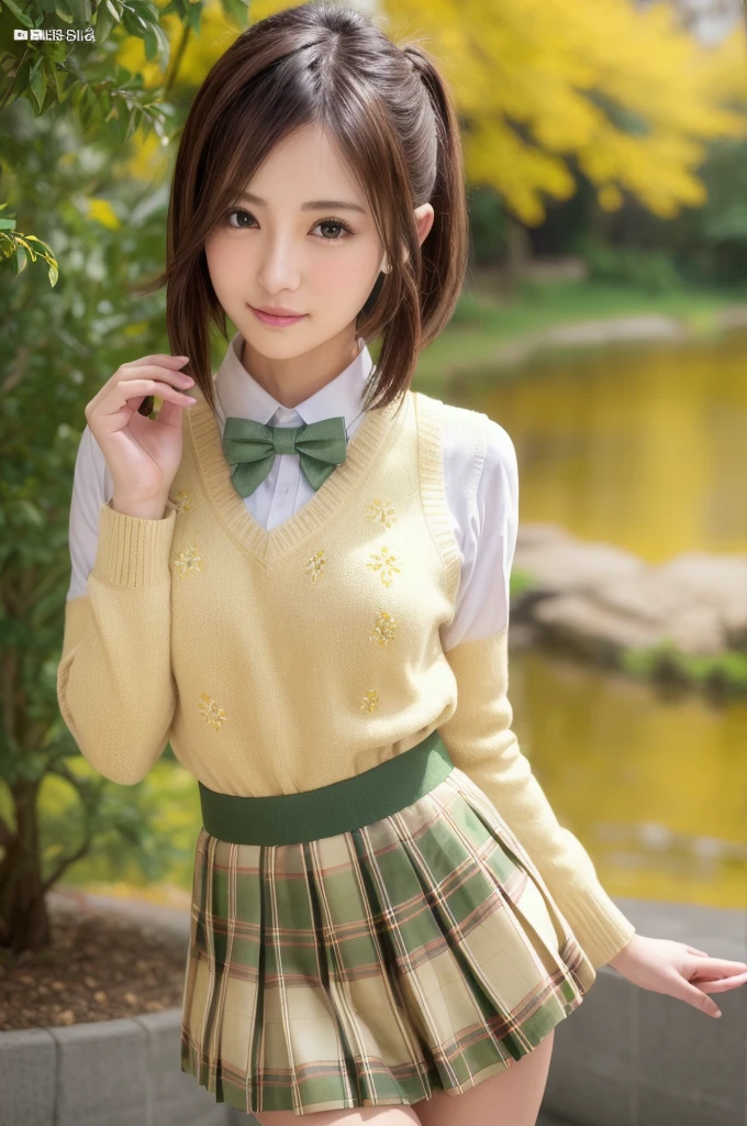 ph momo, momohd, phmomo, solo, 1girl,  pink hair, purple eyes, short hair, hair flower, sweater vest, ,(yellow sweater:1.2), big eyes, plaid skirt, black thighhighs, (masterpiece:1.6, best quality),  (finely detailed beautiful eyes: 1.2), ultra-detailed, illustration,beautiful detailed eyes, (yandere:1.4), (empty eyes),  backlighting, looking at viewer, blush, smile, (masterpiece, finely detailed beautiful eyes: 1.2), detailed eyes, hyper detailed,light smile, highly detailed, beautiful, small details, ultra detailed, best quality, intricate, hyperrealism, sharp, digital illustration, detailed, realism, intricate, 4k, 8k, trending on artstation, good anatomy, beautiful lighting, award-winning, photorealistic, realistic shadows, realistic lighting, beautiful lighting, raytracing, intricate details, moody, rule of thirds, masterpiece, (illustration:1.1), highres, (extremely detailed CG, unity, 8k wallpaper:1.1), beautiful face, highly detailed face, ultra realistic, masterpiece, bokeh, extremely detailed, intricate, zoomout, colorful, vibrant colors, red nail polish, side view,standing,whole body,green skirt, plaid, plaid skirt, sainan high , , skirt, sweater vest,