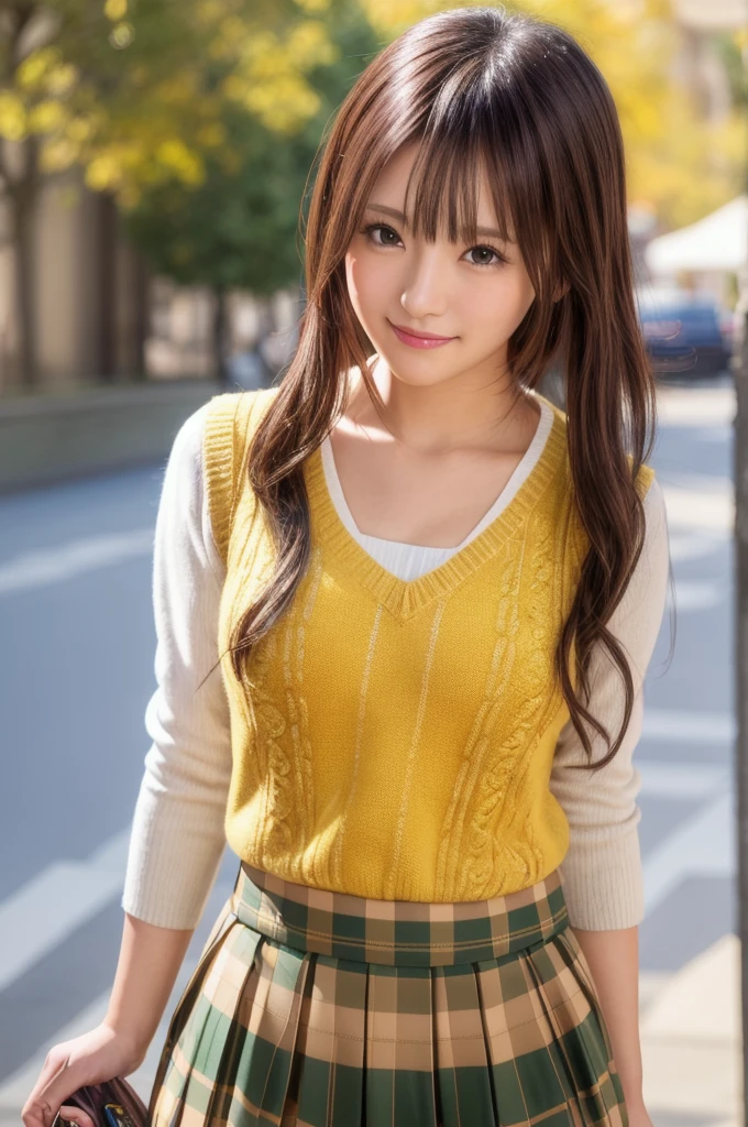 ph momo, momohd, phmomo, solo, 1girl, pink hair, purple eyes, short hair, hair flower, sweater vest, ,(yellow sweater:1.2), big eyes, plaid skirt, black thighhighs, (masterpiece:1.6, best quality), (finely detailed beautiful eyes: 1.2), ultra-detailed, illustration,beautiful detailed eyes, (yandere:1.4), (empty eyes), backlighting, looking at viewer, blush, smile, (masterpiece, finely detailed beautiful eyes: 1.2), detailed eyes, hyper detailed,light smile, highly detailed, beautiful, small details, ultra detailed, best quality, intricate, hyperrealism, sharp, digital illustration, detailed, realism, intricate, 4k, 8k, trending on artstation, good anatomy, beautiful lighting, award-winning, photorealistic, realistic shadows, realistic lighting, beautiful lighting, raytracing, intricate details, moody, rule of thirds, masterpiece, (illustration:1.1), highres, (extremely detailed CG, unity, 8k wallpaper:1.1), beautiful face, highly detailed face, ultra realistic, masterpiece, bokeh, extremely detailed, intricate, zoomout, colorful, vibrant colors, red nail polish, side view,standing,whole body,green skirt, plaid, plaid skirt, sainan high , , skirt, sweater vest,