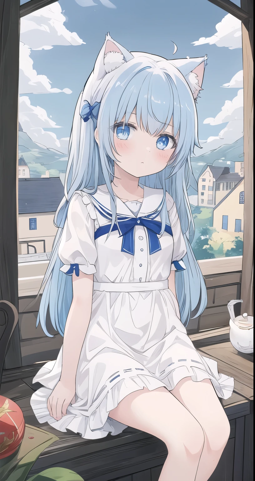 masterpiece, best quality,tower,town,Europe,A girl,Blue Hair,Long hair,sit,blue eyes,White连衣裙,White长袜,roof,Cat ear,Lace,White