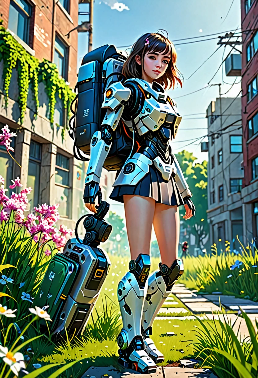 highly detailed, Beautiful, Best quality, super detailed, high quality, sharp focus, complex parts, combat robot, ruined city,  girl, , , school backpack, nature, grass, Creepers, flowers, day, Sun