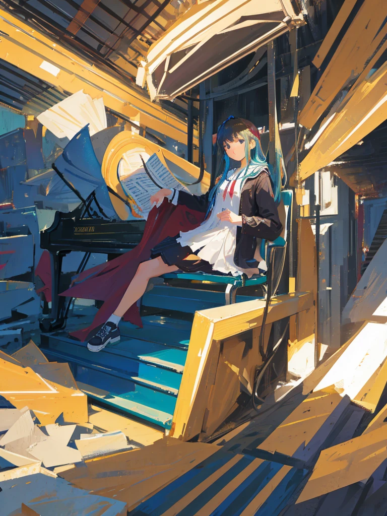 1girl, sitting on a bench, playing the piano, seen from the front, on a stage