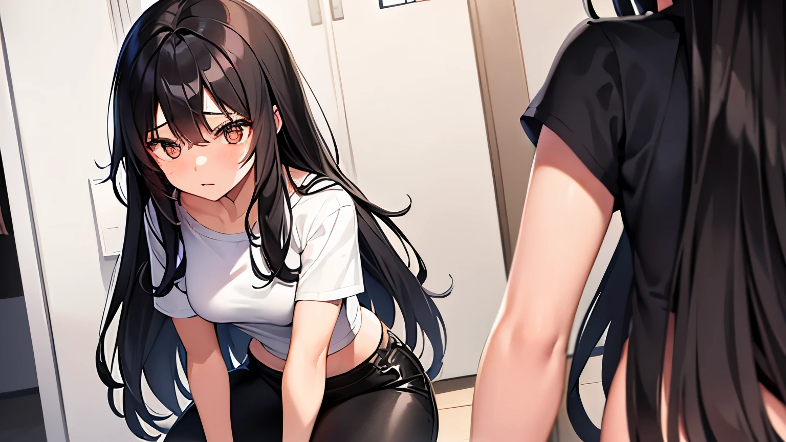 18 year old girl, Long black hair, brown eyes, scared, crouched and hidden in the dressing rooms, near the locker room, He wears a white t-shirt and long black pants..