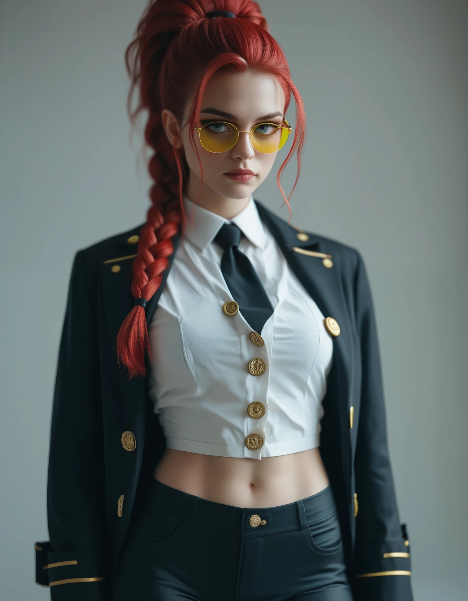 Digital illustration featuring a stylized female character Crimson Viper with exaggerated features. She has a fair skin tone, bright red hair styled in a high ponytail with a braid, and is wearing large, yellow-tinted glasses. Her outfit consists of a black and white suit jacket with gold buttons, a white shirt, and a black tie. She is also wearing black gloves with skeletal designs and black pants with a low waistline, revealing her midriff. The background is a plain grey, making the character the focal point of the image , anime anatomically correct, super detail, high quality, 4K