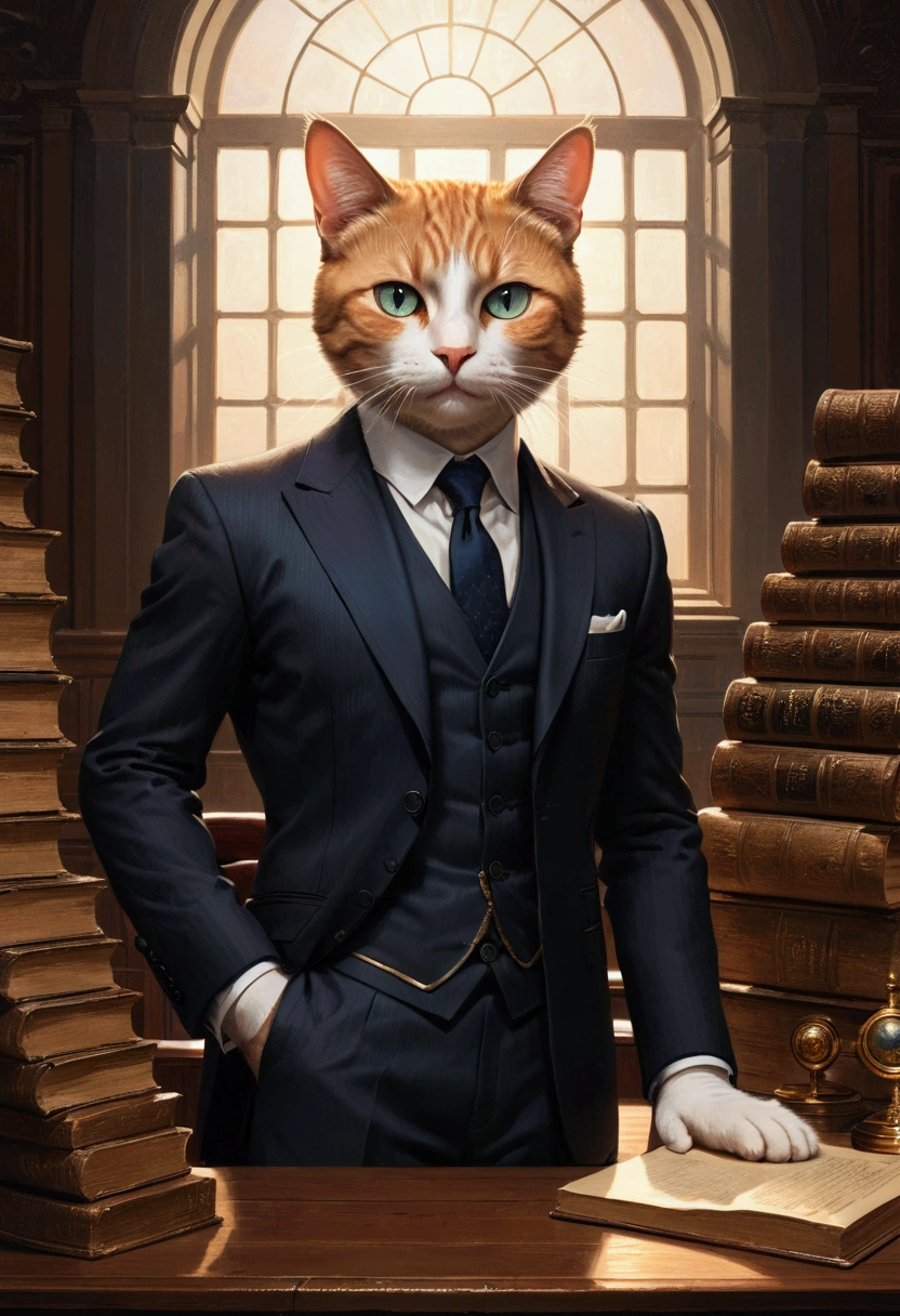 1cat, Lawyer, a lawyer cat in court, highly detailed, studio lighting, ultra-detailed, extremely intricate, cinematic light, dramatic lighting, elegant, sophisticated, expressive eyes, exquisite facial features, tailored suit, courtroom background, wooden desk, books, documents, professional, award-winning art, masterpiece, best quality, very aesthetic, absurdres